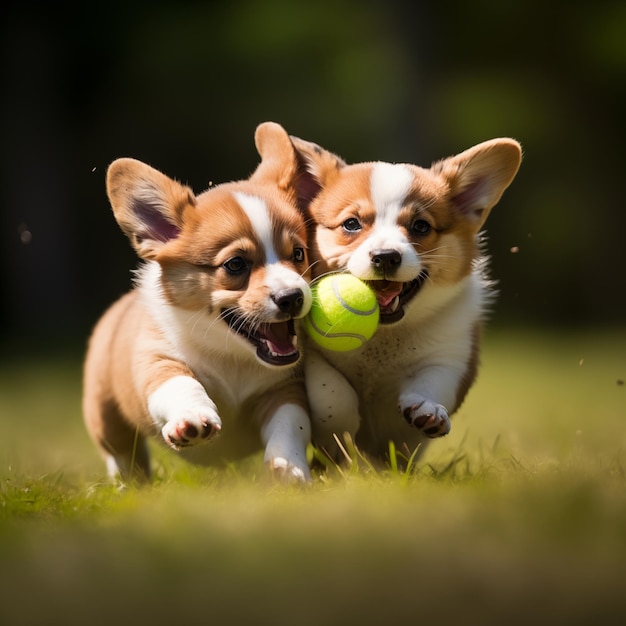 two dogs playing with a ball in the grass