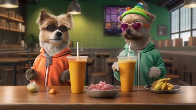 Two dogs at a restaurant with drinks and a tv screen