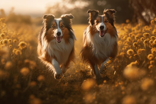 Две собаки бегут по цветочному полю.