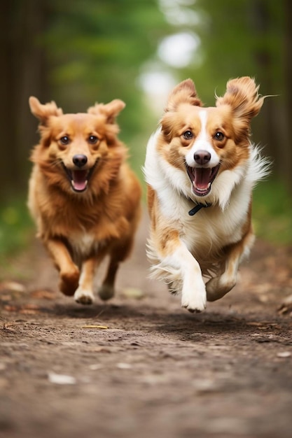 森で走っている2匹の犬と地面で走っている犬の言葉