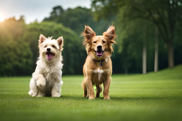 Two dogs running in a park