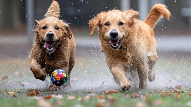 Two dogs running in the rain with a ball between them ai