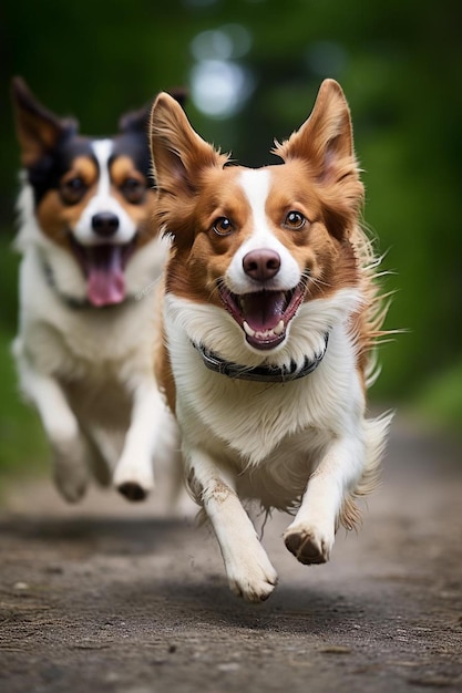 2匹の犬が前面の名前の犬で道路を走っている