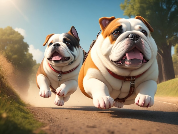 Two dogs running on a road with a sky background