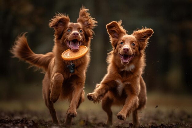 Two dogs running with a frisbee in the air