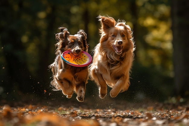 Two dogs running in the woods with a frisbee in their mouth.
