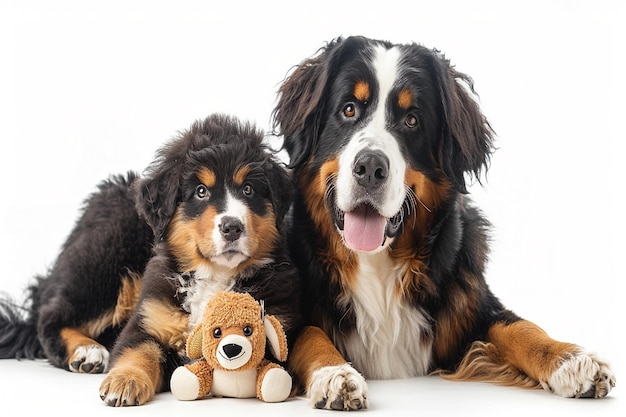 two dogs sit next to each other and one has a stuffed animal on it