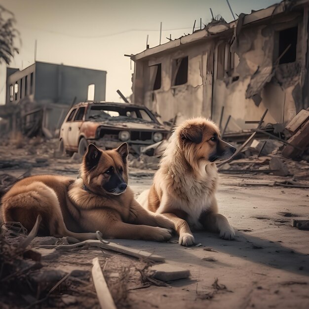 Two dogs sit on the ground in front of a destroyed building.
