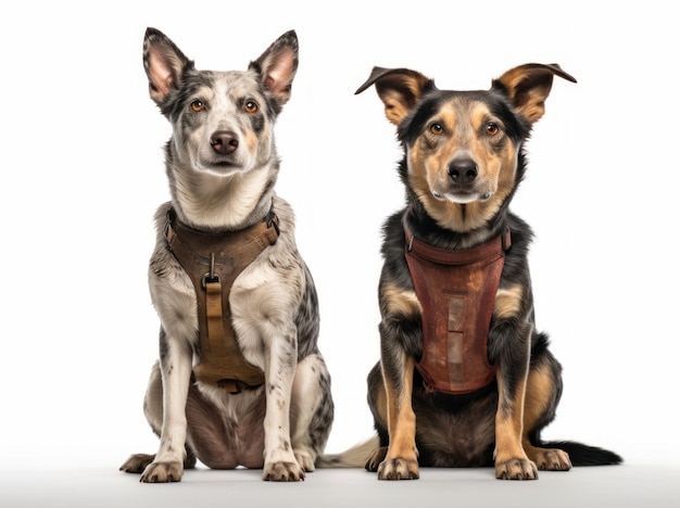Two dogs sit side by side, one wearing a vest that says'dog '