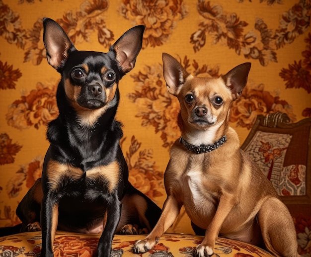 Two dogs sitting on a couch with a floral background