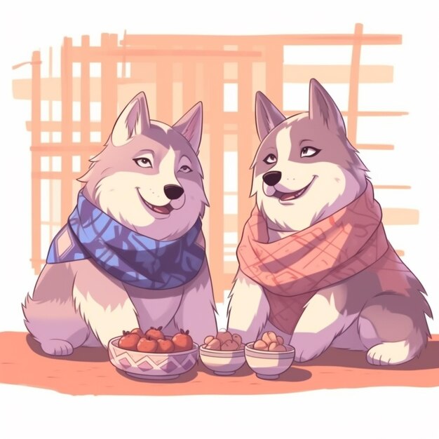 Two dogs sitting next to each other eating food from bowls generative ai