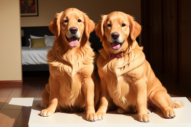 テーブルの上で隣同士に座っている 2 匹の犬