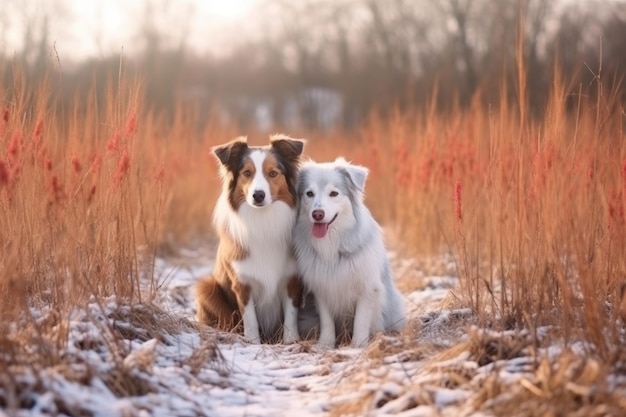 Two dogs sitting in a field with snow on the ground