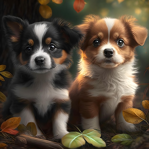 Two dogs sitting in a forest with leaves on the bottom