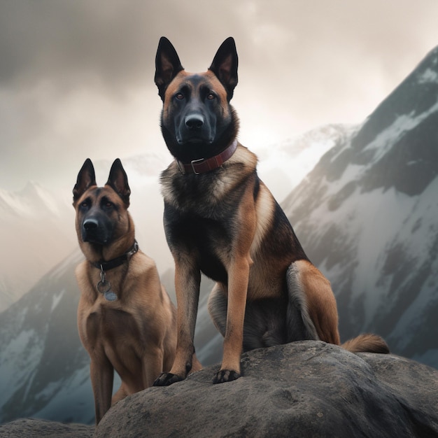 Two dogs sitting on a rock with mountains in the background.