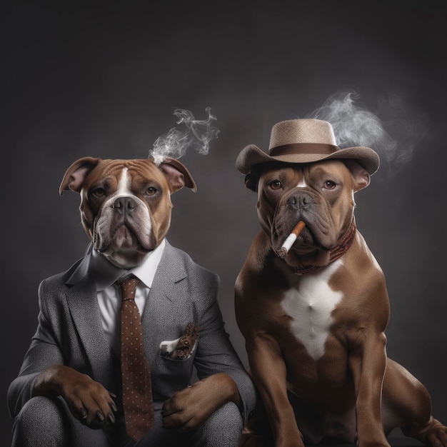 Two dogs in a suit and a hat smoking a cigar on a dark background