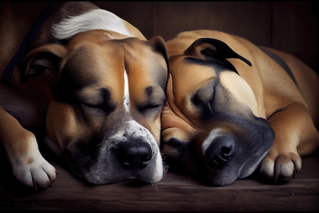 生成 AI で作成された、お互いの体の上に頭を乗せて一緒にお昼寝している 2 匹の犬