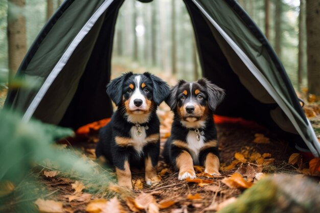 森のテントの中にいる2匹の犬