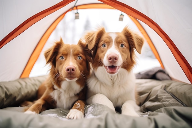 Two dogs in a tent in the winter forest