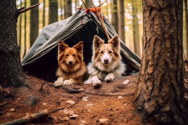 森の中のテントにいる2匹の犬