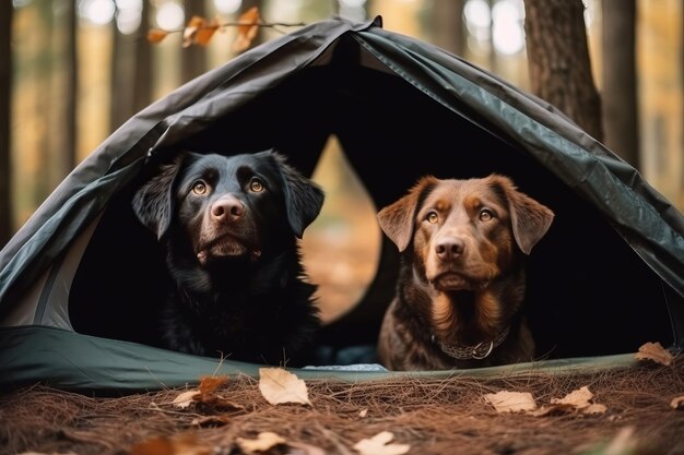 森の中のテントにいる2匹の犬