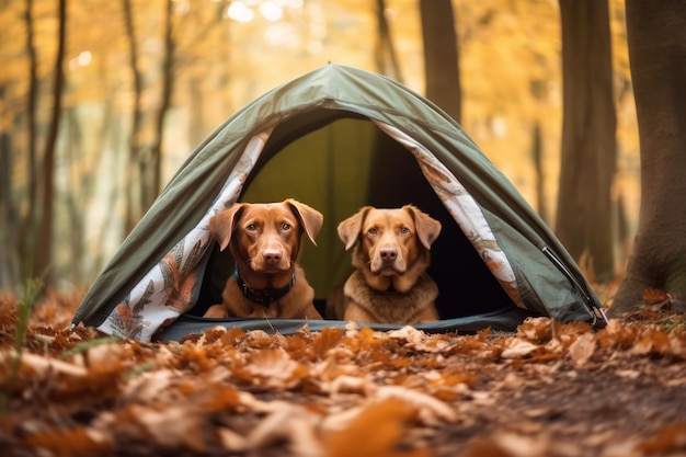 森の中のテントにいる2匹の犬