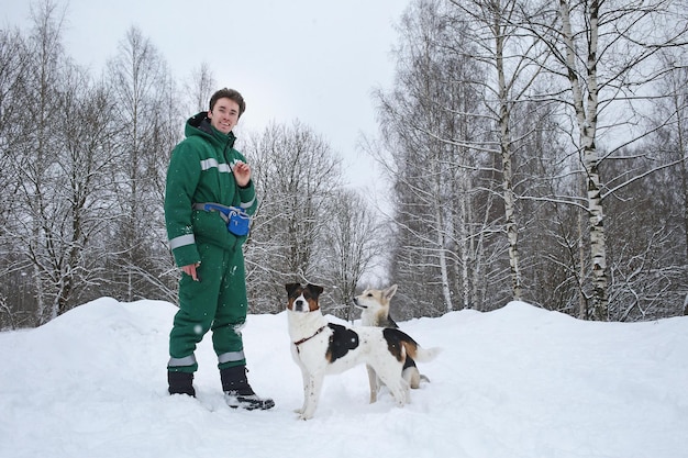 Two dogs walk outdoors in winter with an owner