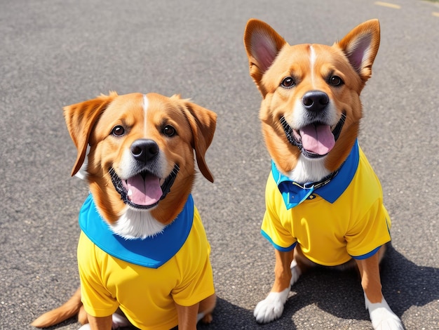 Two dogs wearing blue shirts that say'i'm not a dog '