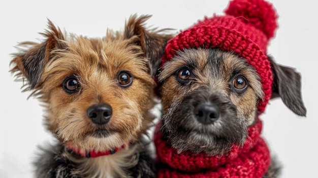 赤い編み帽子とスカーフをかぶった2匹の犬