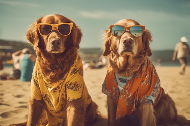 Two dogs wearing sunglasses on a beach