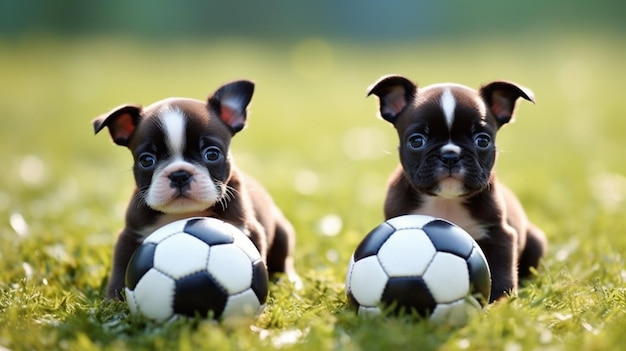 Two dogs with a ball on the grass