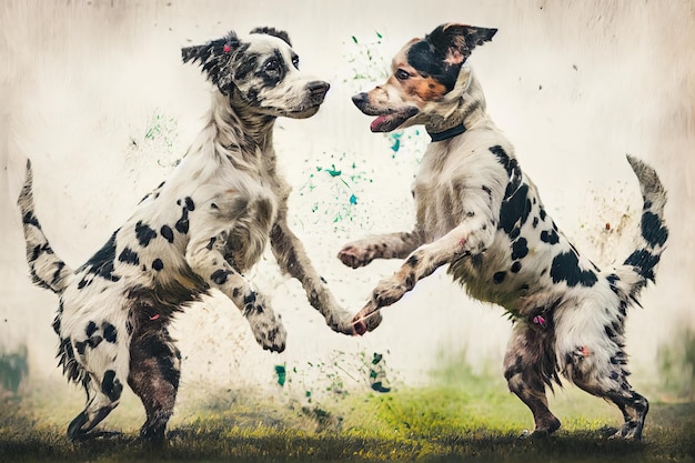 Two dogs with identical markings playing and frolicking in the park created with generative ai