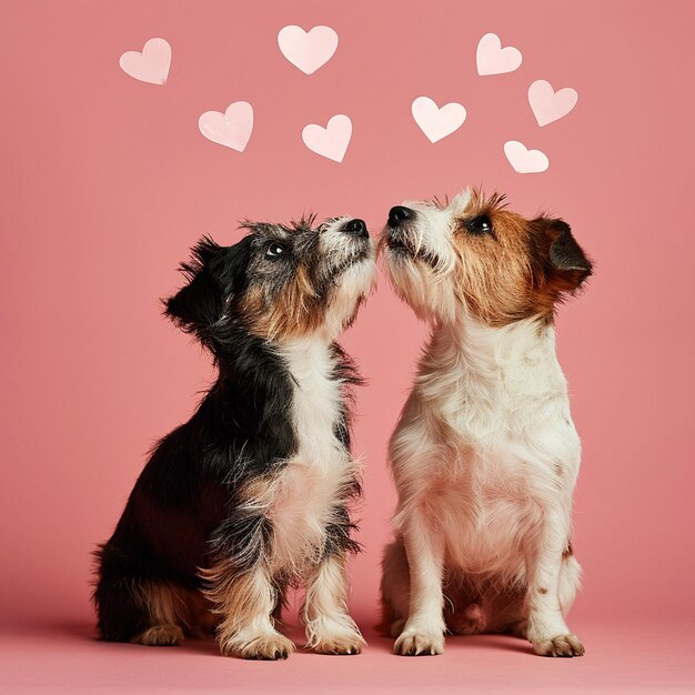 Две собаки с розовыми сердцами на розовом фоне