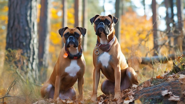 Foto due cani nei boschi con il nome boxer