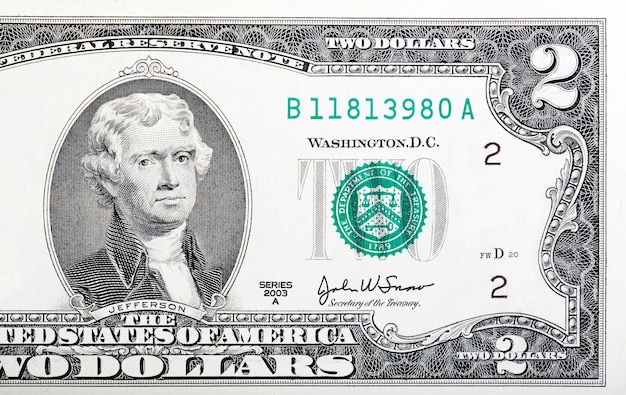 Двухдолларовая купюра, выпущенная в 2003 году в ознаменование двухсотлетия США.