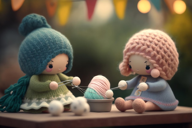 Two dolls are sewing yarn on a table.