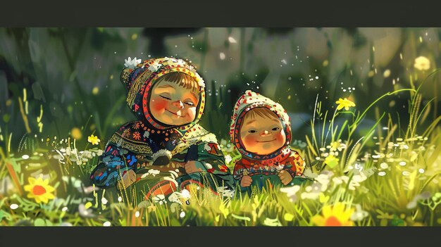 two dolls are sitting in the grass with the words  the word  on the bottom