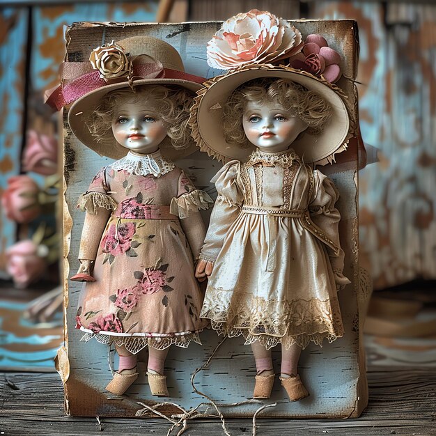 Photo two dolls are standing next to each other one has a flowered hat on