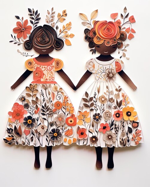 Photo two dolls with flowers and the word    on them