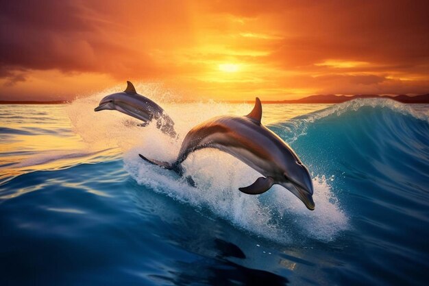 Photo two dolphins are swimming in the water and one is jumping in the air