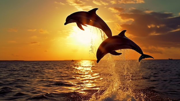 Two Dolphins Jumping Out of Water at Sunset Generative AI