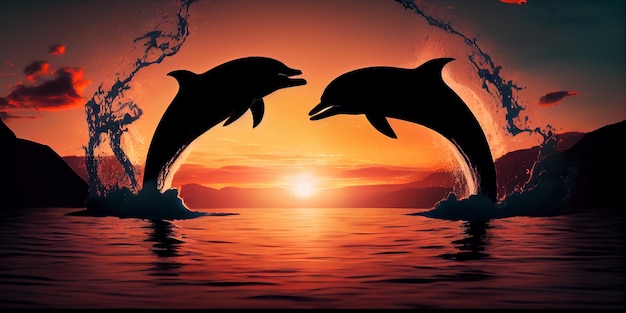 Photo two dolphins jumping in the water at sunset