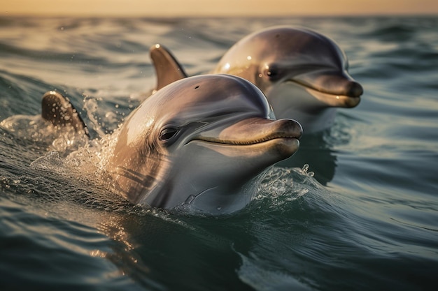 Two dolphins in the ocean with the sun setting behind them