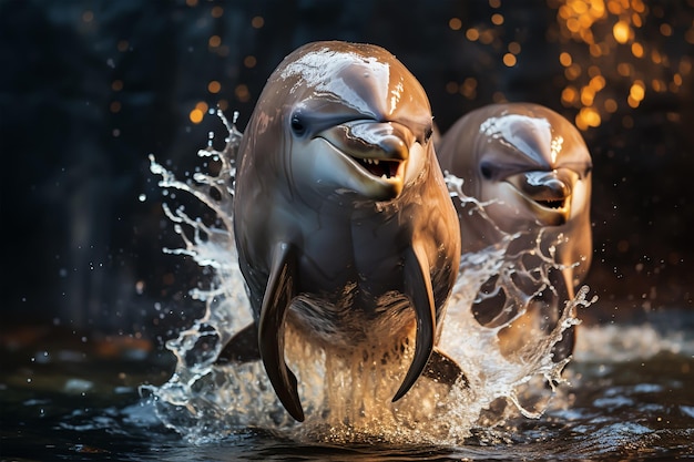 Two Dolphins Splashing Around In The Water