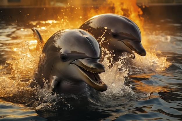 Two Dolphins Splashing Around In The Water