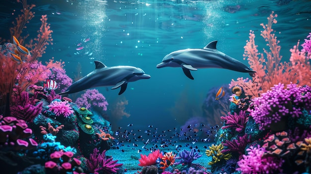 Photo two dolphins swim gracefully through a vibrant coral reef the dolphins are surrounded by colorful fish and the reef is full of life