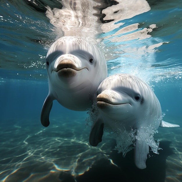 two dolphins swim in the water with the sun shining on them.