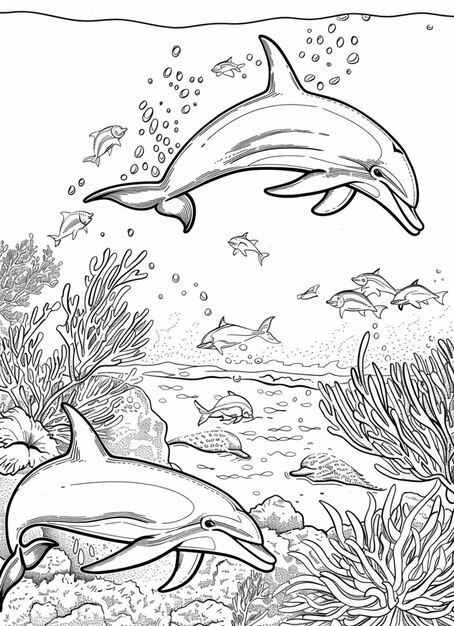 two dolphins swimming in the ocean with corals and fish generative ai