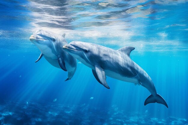 two dolphins swimming under water with a dolphin in the background