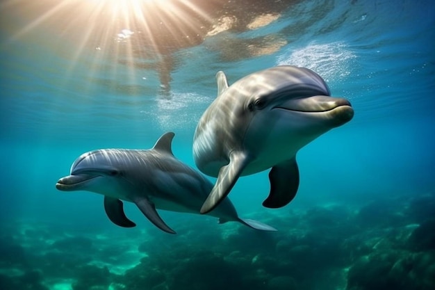 два дельфина плавают под волной с солнцем, сияющим через воду